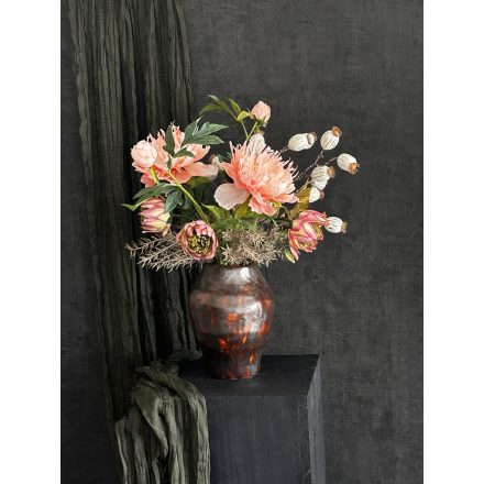 Barack bazsarózsa virágkompozíció barna váza