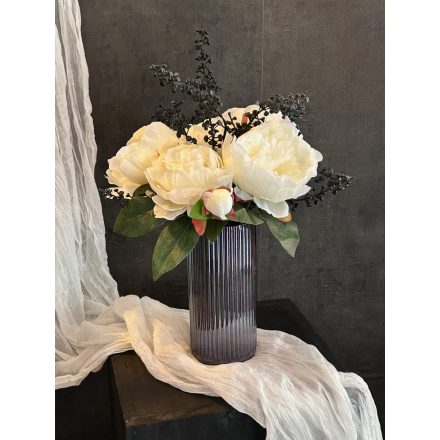 Krém peonia virágkompozíció lila üveg váza